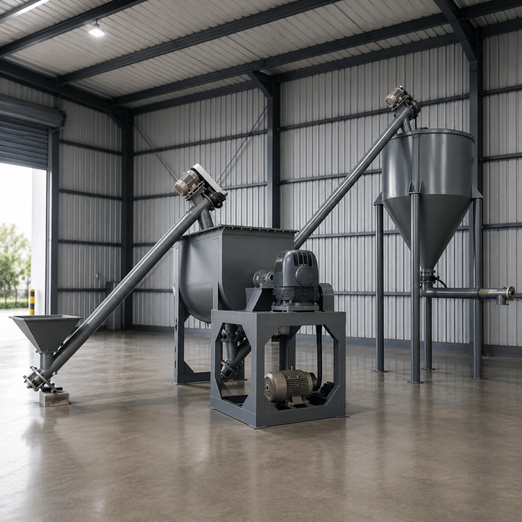 Dry mortar plant machinery with mixer, screw conveyors and storage hopper inside a factory